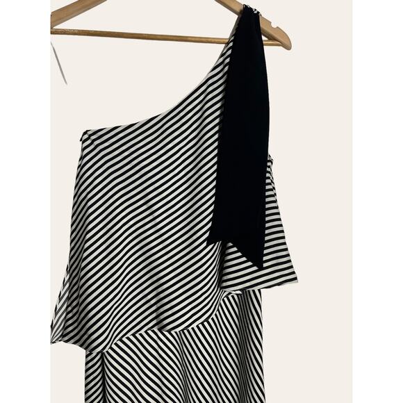 Halston Heritage Black White Striped Asymmetrical One Shoulder Midi Dress  XS - Picture 3 of 12